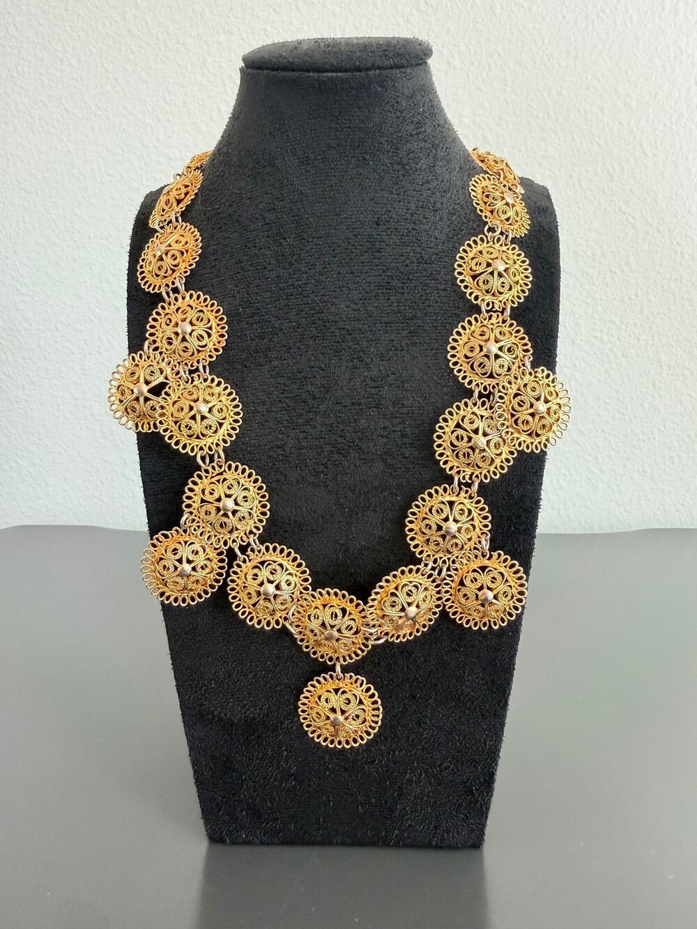 Vintage filigree wheel-link statement necklace cascading circular medallion disk